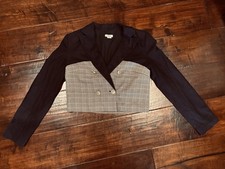 Blazer, JASON WU, Navy  Navy/Brown Plaid-Double Breasted-Cropped Blazer, Size S