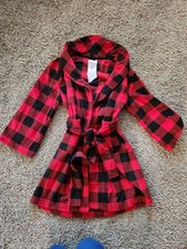 WonderShop Kids Hooded Fleece Robe Size 5 Red/Black Plaid Belted Long Sleeve