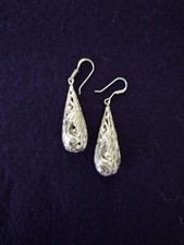 Sterling, Fligree, Teardrop, Dangle Pierced Earrings, 1 & 1/2 in long, wire hook