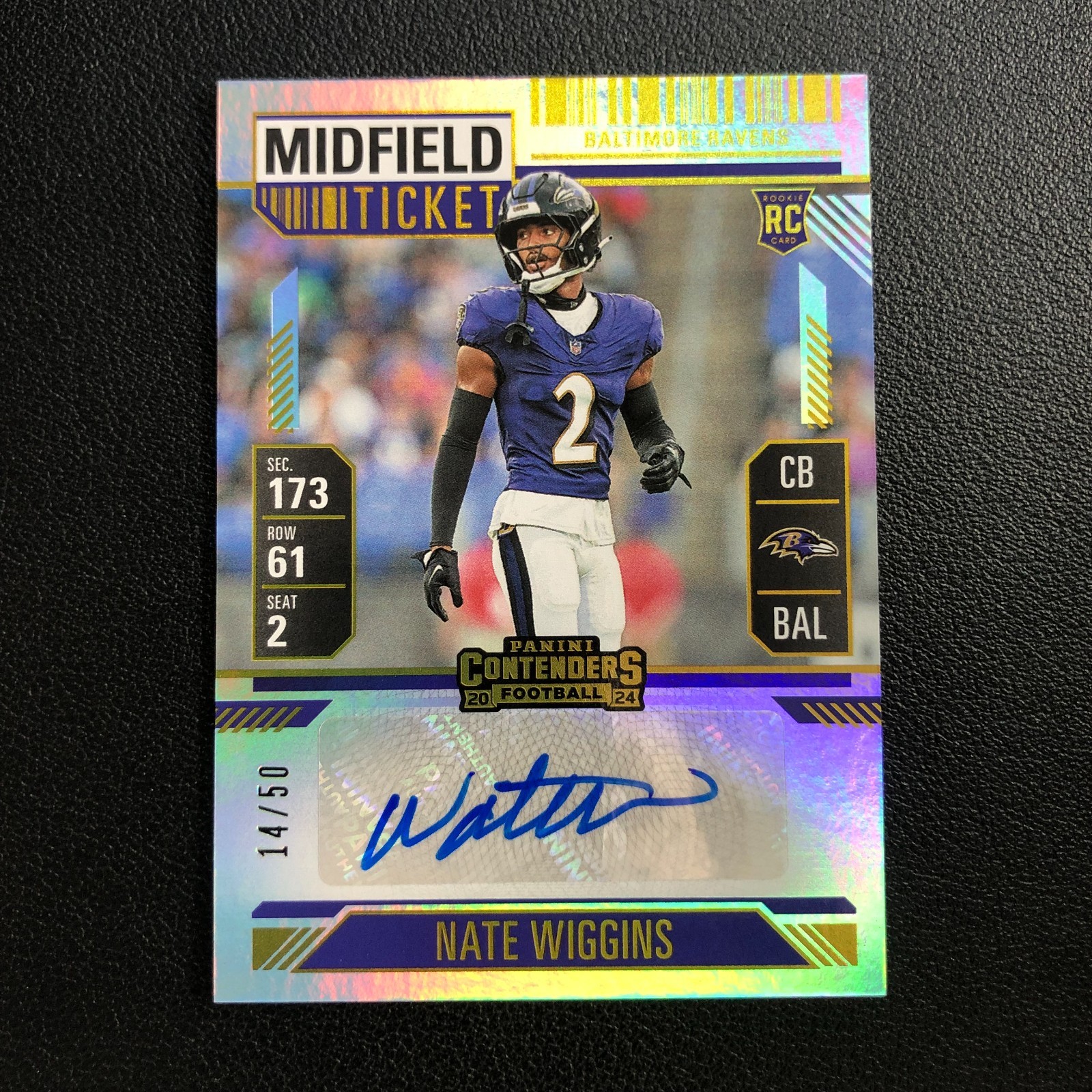 2024 Panini Contenders NFL Nate Wiggins RC Auto Midfield Ticket /50 Ravens