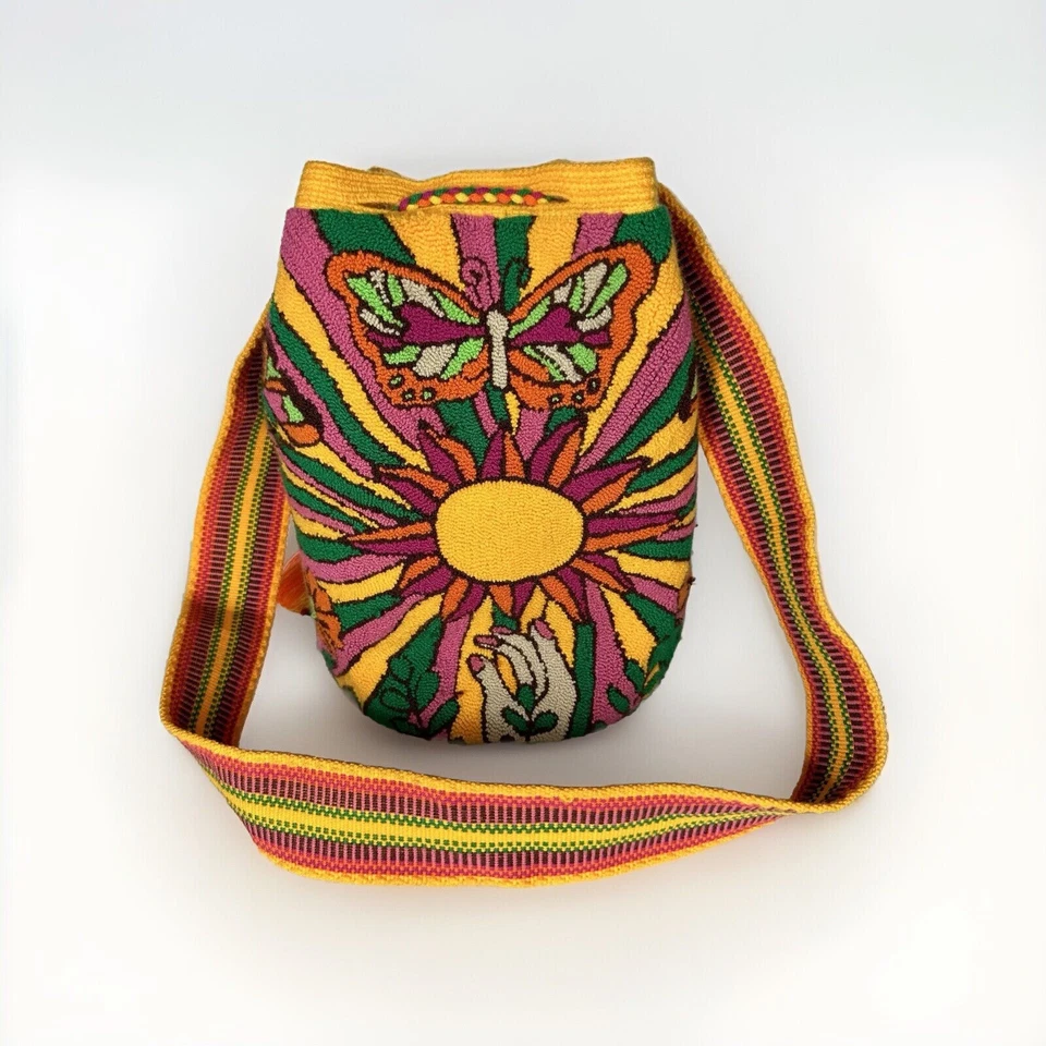 Wayuu Mochila Crossbody Bag Columbian Handmade Lined Butterflies Flowers Sun - Image 2 of 4