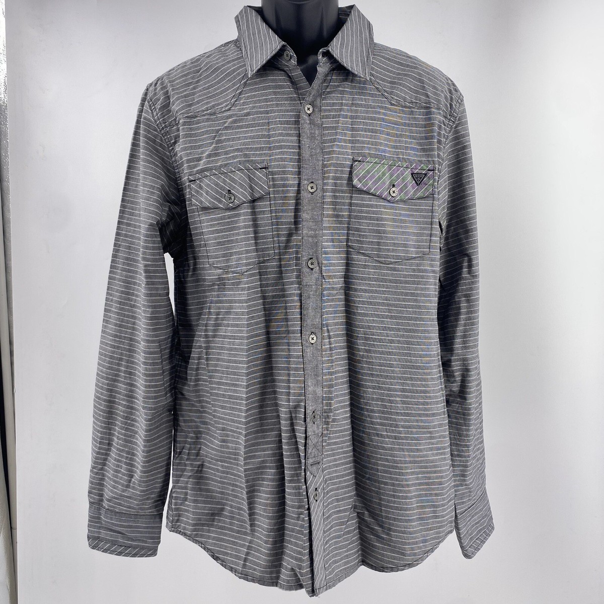 Guess Men's Gray Striped Button Up | eBay