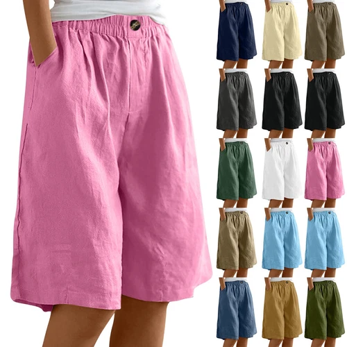 Pantalones cortos para mujer color liso bolsillo abotonado capris cintura elástica sueltos - Imagen 2 de 66