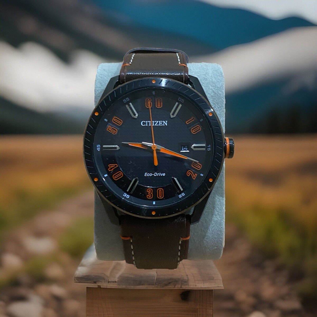 Mens Citizen Eco Drive e111-s108705 Black / Orange Brown Leather