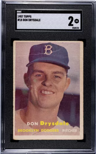 1957 Topps DON DRYSDALE ROOKIE Brooklyn Dodgers #18 SGC 2 Good Condition (2)