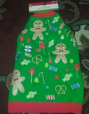 Ugly Christmas Sweater Holiday Dog Apparel Candy Canes, Gingerbread Man Size L