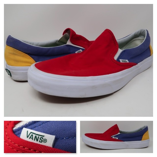 red blue and yellow vans slip ons