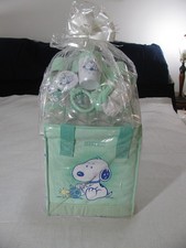 NIP Vtg 13 pc Baby Snoopy Shower Gift Set, Bottles/Bib/Rattle/Changing Pad/Tote
