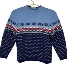 VINTAGE Lands' End crewneck sweater Medium blue fair isle 100 wool nordic