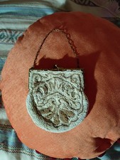 Vintage Hand Beaded Evening Purse Ivory Cream Floral Kiss Lock Bag Chain Handle