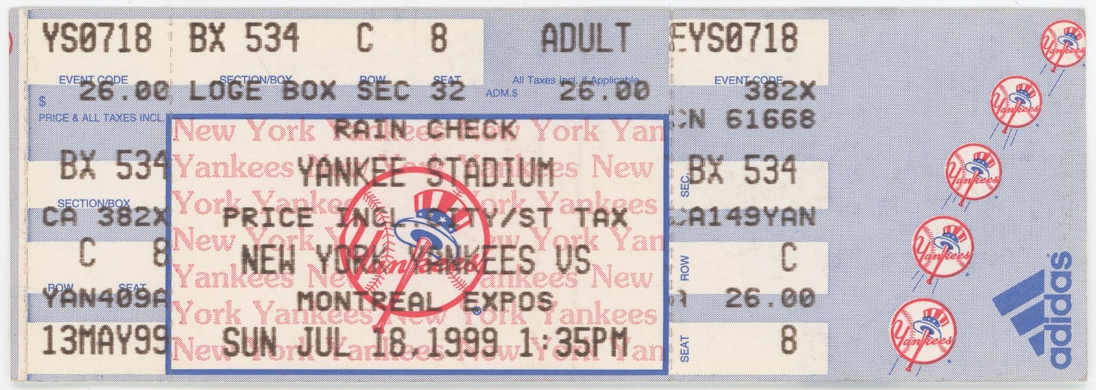 1999 Ticket Dave Cone Perfect Game (7/18/1999) NM 732185