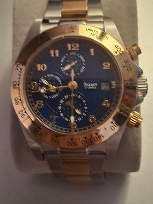 Stauer Automatic 27 Jewels Men's Watch Blue Dial Two-tone Day Date, Sun Moon