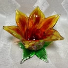 Vintage Art Glass Floral Murano Style Hand Blown Lotus Dish Candle Holder Red