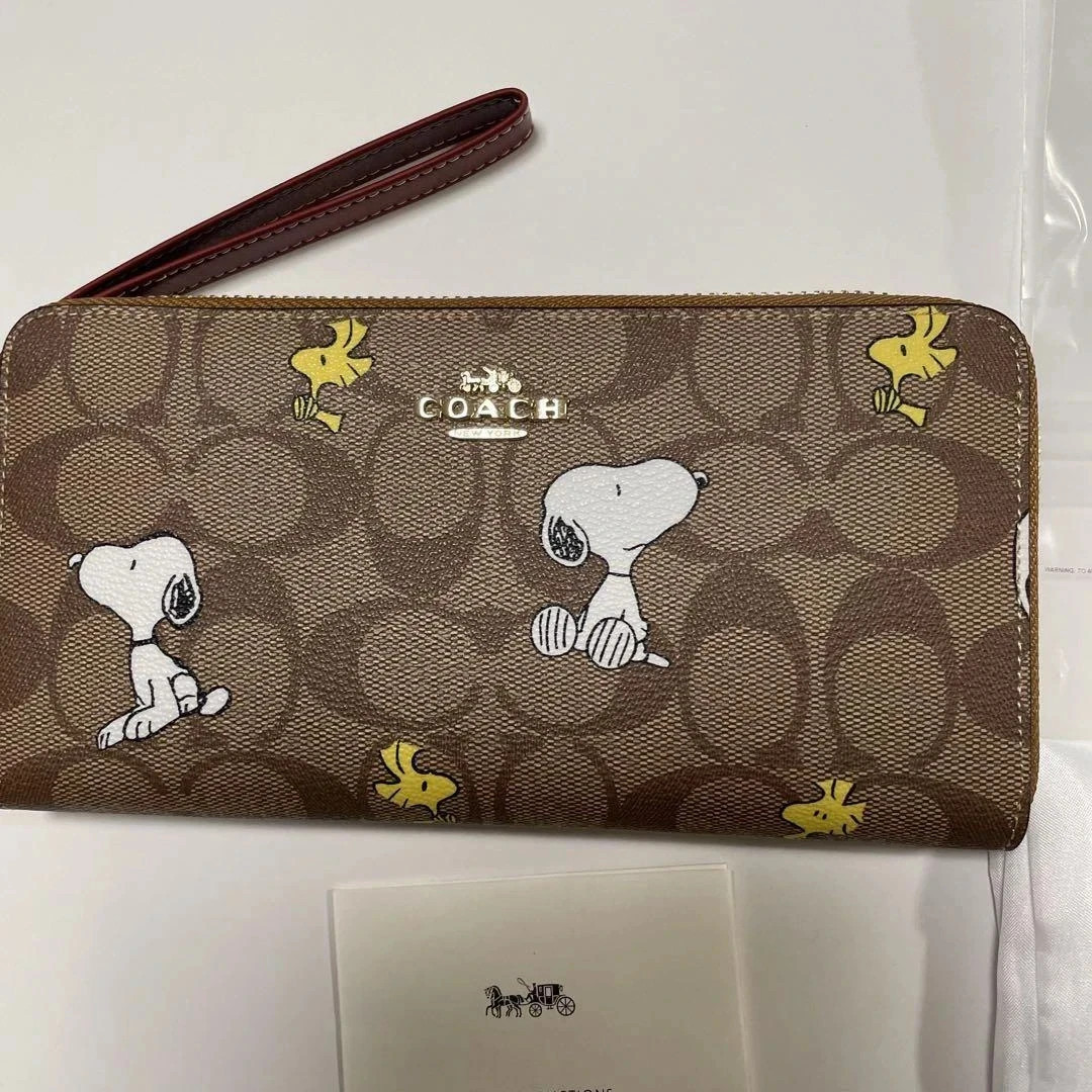COACH x PEANUTS Long Zip around Wallet Snoopy Woodstock Khaki Signature