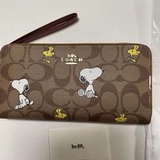 COACH x PEANUTS Long Zip around Wallet Snoopy Woodstock Khaki Signature