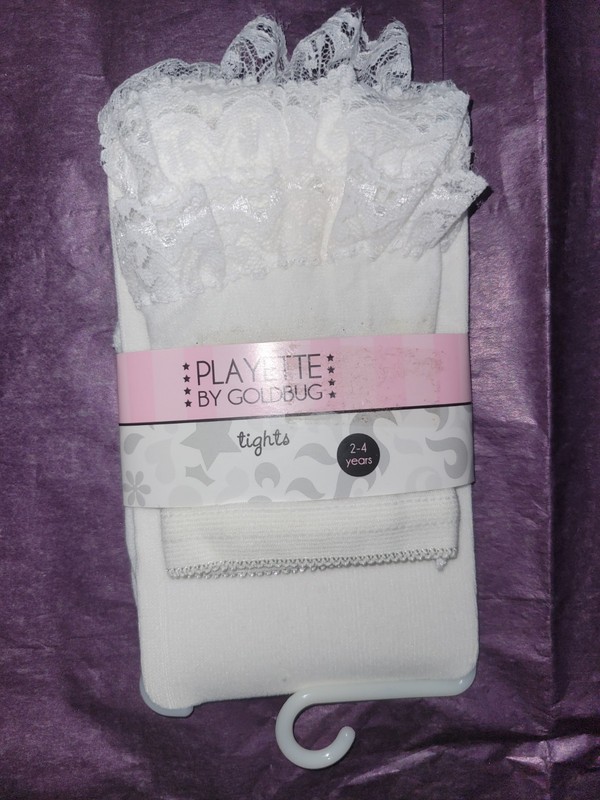 NEW PLAYETTE Baby Girls 2-4 Years White Tights Nylon Lace Behind NWT