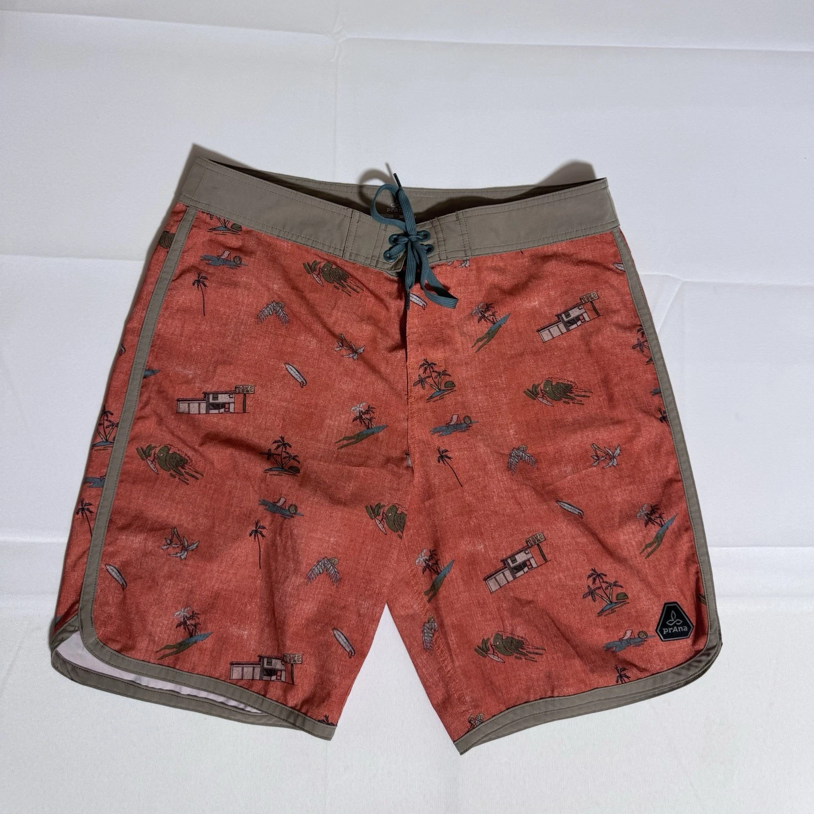 PrAna Board Shorts, RN#124977, UPF 50+, AOP, Red/Orange, Male, Size 33