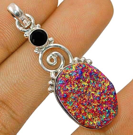 Natural Titanium Druzy 925 Solid Sterling Silver Pendant,