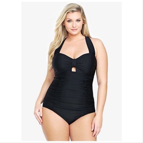 Torrid Womens 1 Piece Halter Ruched Swimsuit Size 2X Black Keyhole Beach Summer