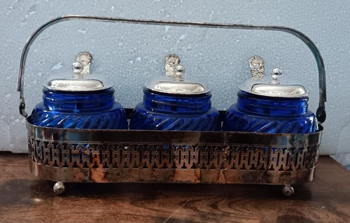 CONDIMENT SET COBALT BLUE CHROME HOME KITCHEN GIFT - Picture 3 of 4