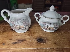 1977 Currier And Ives The Old Grist Mill Creamer & Covered Sugar Bowl For AVON