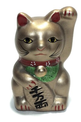 Good Fortune Lucky Money Cat Figure Figurine Gold Paint Ceramic Statue Small