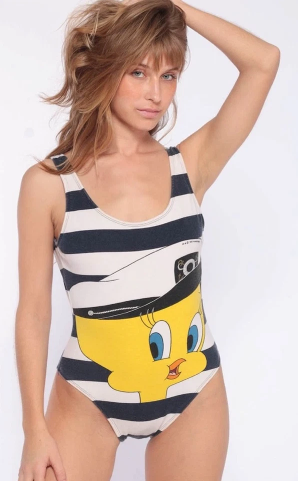 全新带标签复古 Y2K Looney Tunes Tweety Bird 泳装泳装条纹 — 第 2/4 张图片