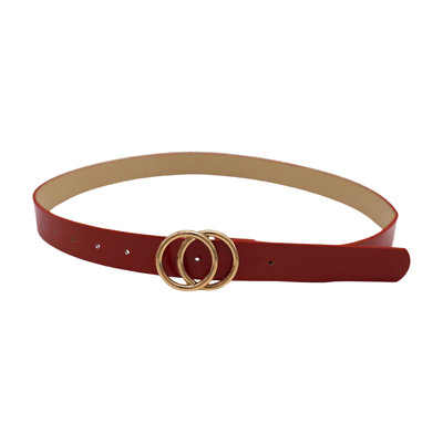 Women Red Faux Patent Leather Skinny Fashion Belt Gold Metal  display picture 1