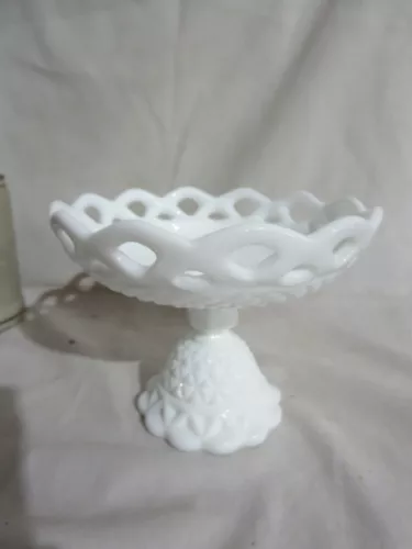 Vintage Imperial Milk Glass Diamond Point Compote Bowl Pedestal Lace Edge 6 3/8"