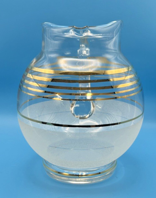 West Virginia Glass Blendo Pitcher Clear & textured Frosted Glass gold MCM Gift