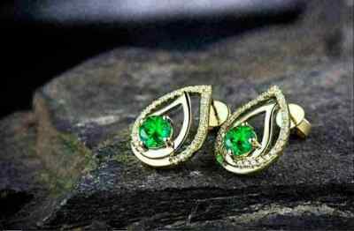 2Ct Lab Created Round Green Emerald Pear Shape Earrings 14K Yellow Gold Finish