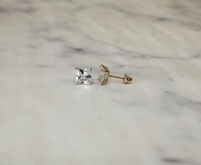 14K Gold Stud Basket Princess Cut CZ 6mm Screw Back