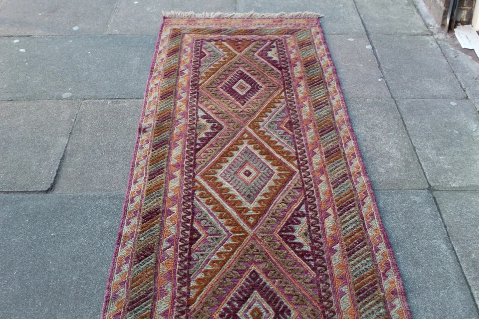 Vintage Hand Made Afghan Oriental Purple Green Wool Long Narrow Runner 369x79cm - Image 3 of 4