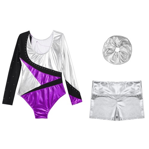Kids Girls Outfit Metallic Set Rhinestones Dancewear Shiny Round Neckline Dance - Picture 28 of 53