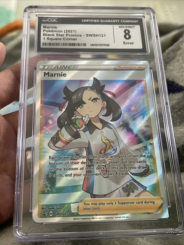 Pokémon Marnie SWSH Black Star Promos SWSH121 Promo CGC 8 ERROR SQUARE CORNER