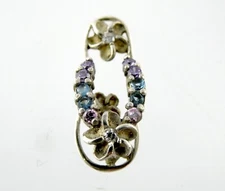 Sterling Silver Purple White Blue CZ Plumeria Flower Sandal Slide Pendant 925