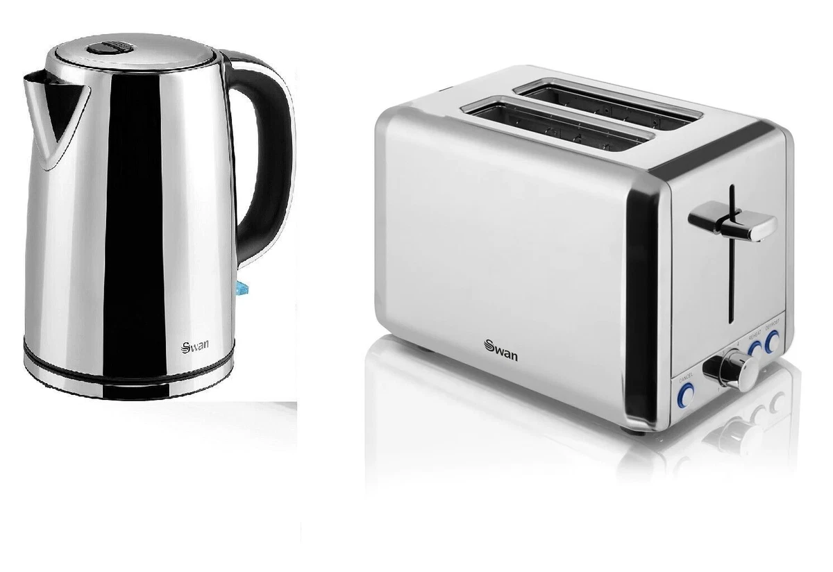 Silver Kettle Toaster 2 Slice SWAN Classic Polished Stainless Steel 1.7L 2.2kW