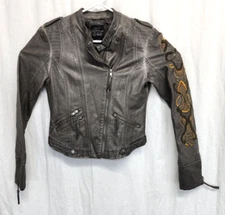 Blanc Noir Jacket Womens  Medium Brown Grey Faux Leather Full Zip Embellished