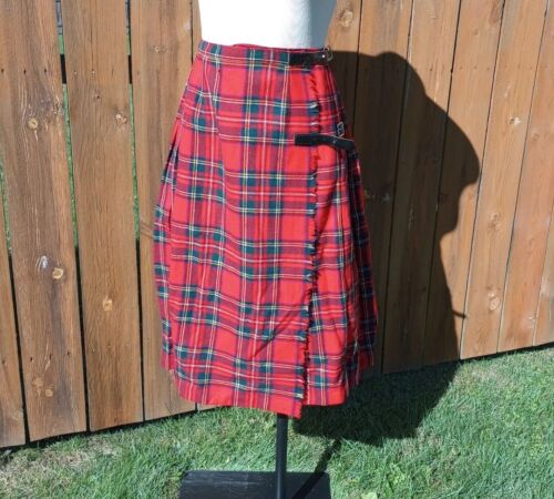 Vintage Red Wool Tartan Plaid Midi Skirt Pleated Buckles Wrap S Classic  - Picture 1 of 14