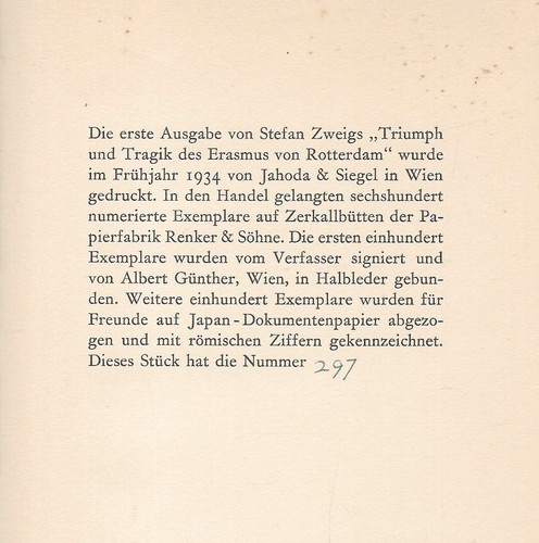 Stefan Zweig Triumph und Tragik des Erasmus von Rotterdam ex.297/600 ERSTAUSGABE