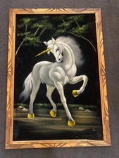 Large 39”x27.5” Vintage 1970s BLACK VELVET UNICORN PAINTING FRAMED Art Print