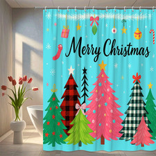 Colorful Christmas Shower Curtain with Fun Trees and Ornaments