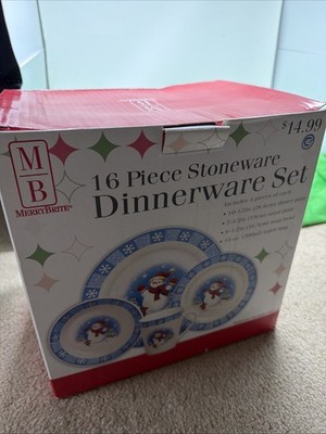 Vintage 2003 Merry Brite Snowman Dinnerware Set 16-Piece NIB
