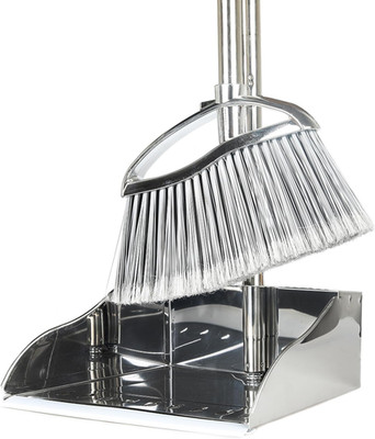 Metal Dustpan and Heavy Duty Broom Set, Stand up Dustpan with Outdoor Stiff Bris