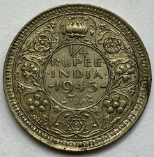 India British 1945 B 1/4 Silver Rupee. KM #547