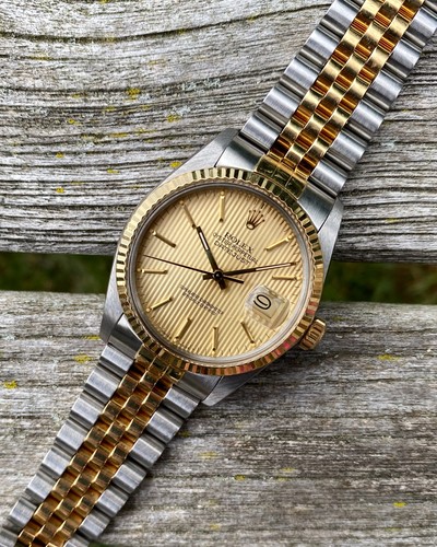 1985 Rolex 16013 Datejust 36mm Champagne Tapestry Dial Full Box and Papers Set