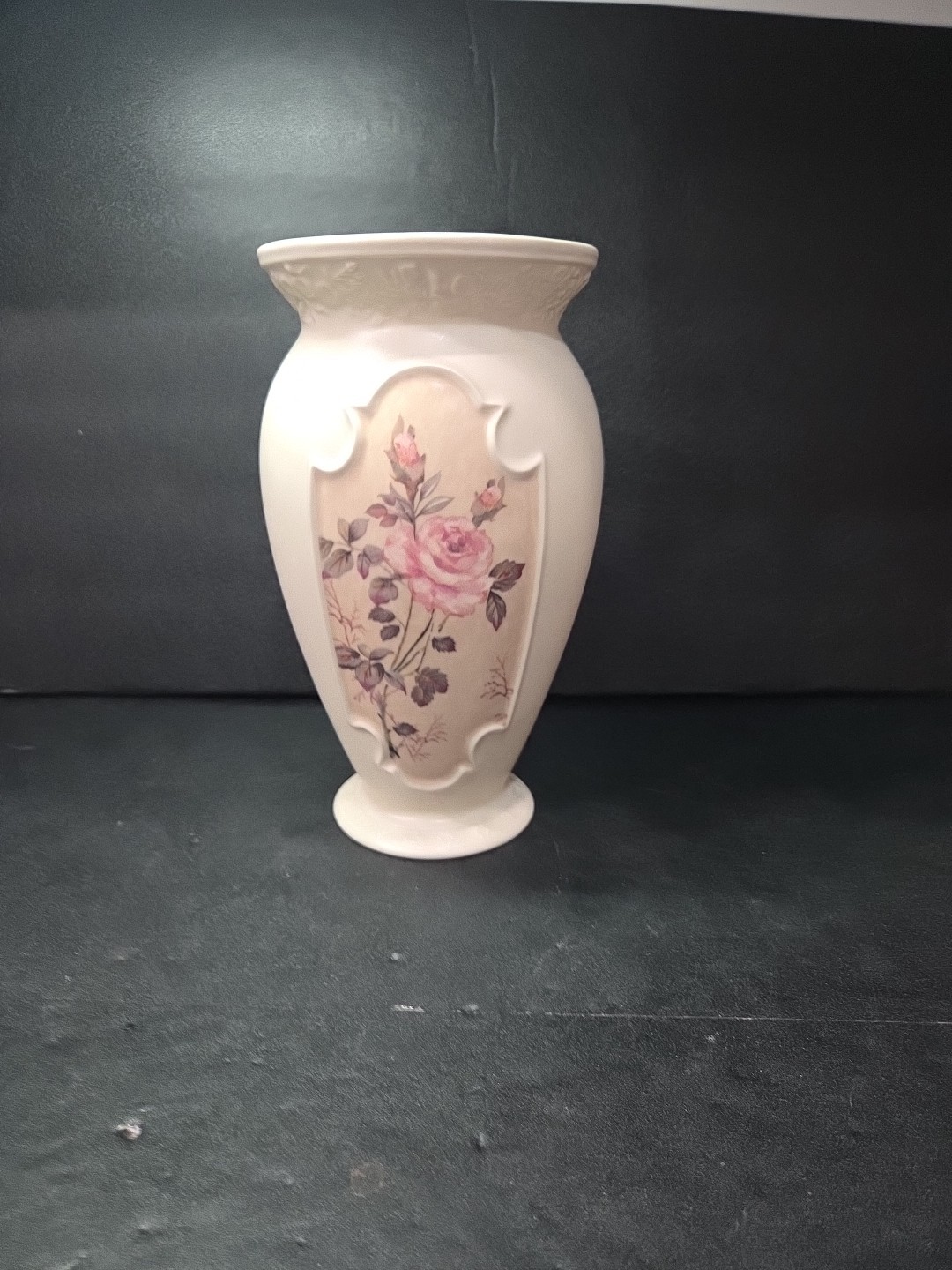 FTD Embossed Pink Roses Floral Vase, 9.5" Ceramic Flower Pot, Cottagecore Decor