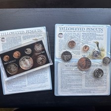 1988 New Zealand Proof 7 Coin Set 925 Yellow Penguin and Uncirculated Coin Set 