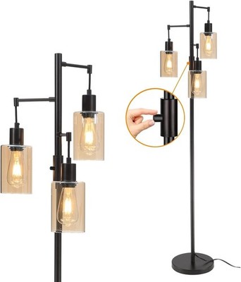 Farmhouse 3-Light Floor Lamp Dimmable Oil Rubbed Bronze Vintage Glass Shade-NEW