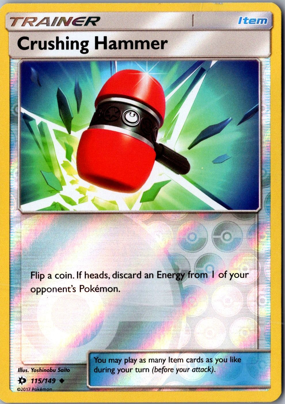 Crushing Hammer Reverse Holo 115/149 Uncommon Sun and Moon LP Pokemon Card